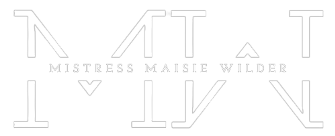 Text based logo for Mistress Maisie Wilder, a New York City BDSM provider. The white text shows a large capital "M" and "W", with the name "Mistress Maisie Wilder" written through the center of the initials. It is white text on a transparent background.